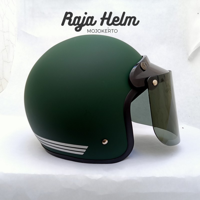 Helm Bogo Dewasa Polos Wanita Full Leher Hijau Army Motif Garis Free Packing Kardus Helem Motor SNI