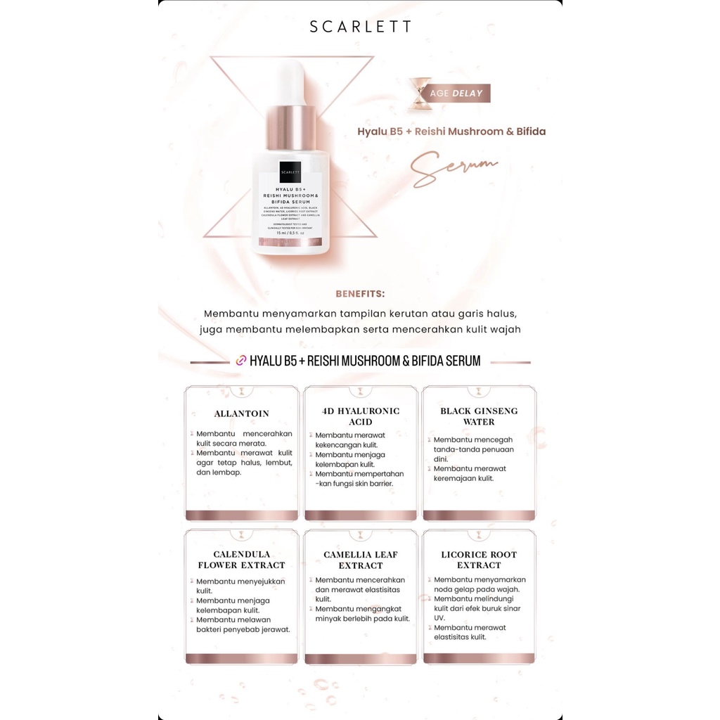 SCARLETT Whitening Hyalu B5 + Reishi Mushroom &amp; Bifida Serum Indonesia / Age Delay Series Skincare Anti Aging / Face Care Essence Wajah / Cleanser Facial Wash Toner Day Night Eye Cream Moisturizer Sunscreen Mask / Body Lotion Brightly Acne Package Paket