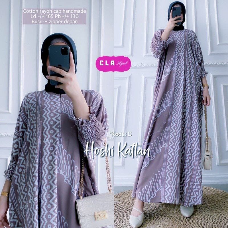 Gamis Rayon Kaftan Wanita Jumbo Cap Encim Motif Hoshi Kaftan Warna Soft Busui Resleting Rayon Tebal / Gamis Arab Kaftan