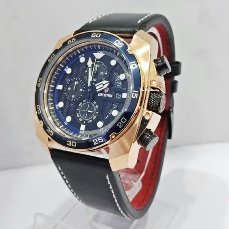 JAM TANGAN PRIA EXPEDITION E 6762 / E6762 ROSEGOLD BLACK LEATHER BLACK ORIGINAL