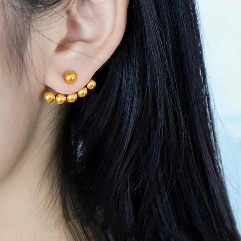 Anting Titanium Wanita Asli Melengkung Manik Emas 18k anti karat dan anti luntur