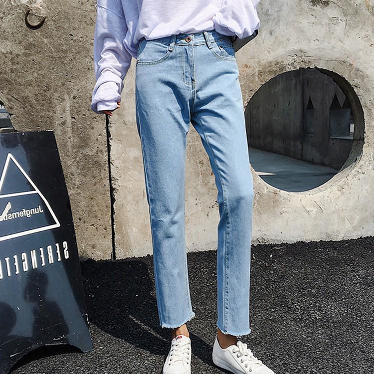 Celana Panjang Jeans High Waist Longgar Warna Polos, Ada