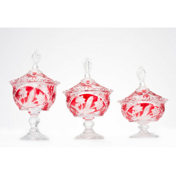 Toples Kaca / Tempat Permen CAPODIMONTE Set 3 pcs Merah