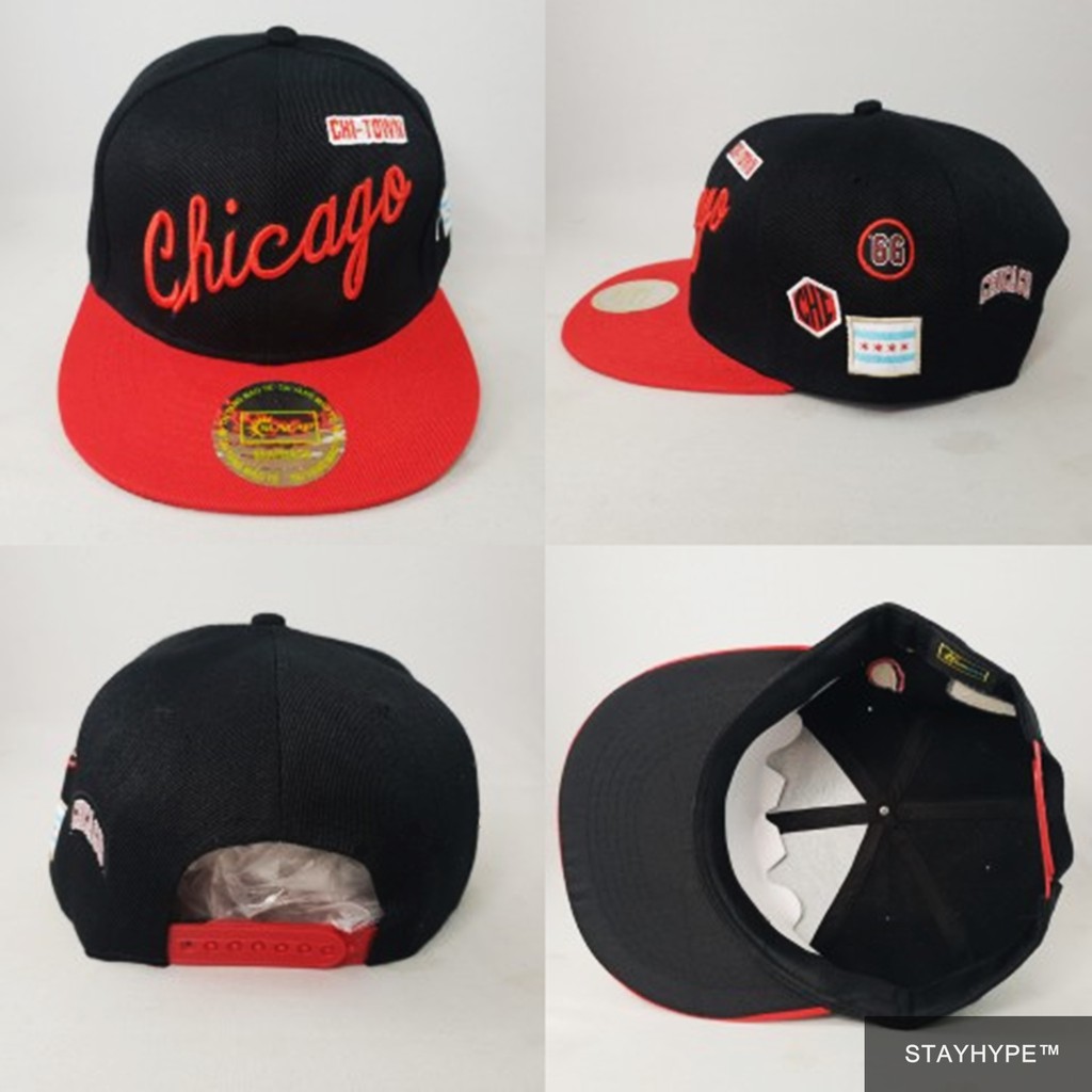 Topi Basket Snapback - Mitchell and Ness NBA Chicago Bulls Patch Hitam Visor Merah