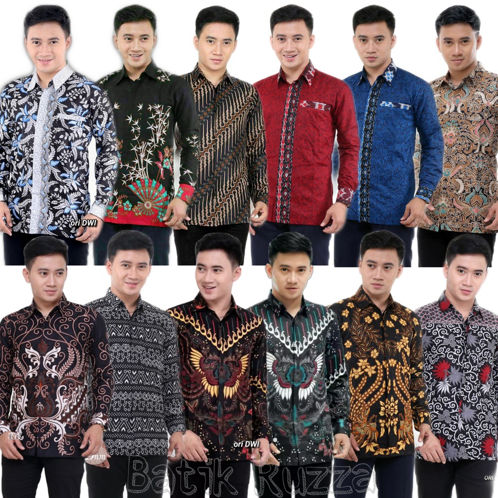 RUZZA Batik Pria Lengan Panjang Kemeja Motif Kembang Langit Blarak Biru Cowok Dewasa Size M L XL