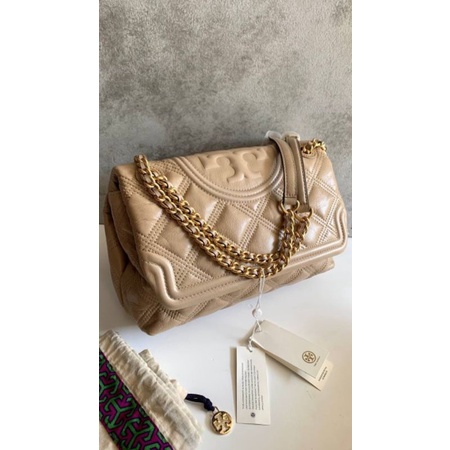 Ready Tas TB Tory Burch Medium Fleming Soft Glazed Convertible Shoulder Bag in Almond Flour