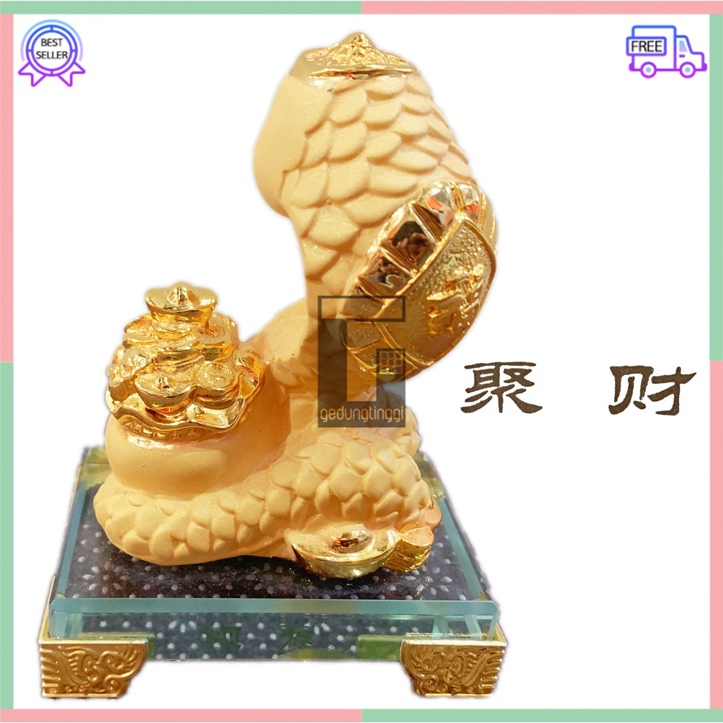 Pajangan Hiasan Kado Patung Imlek Hoki Rejeki Zodiak Shio Ular Cobra Lucky Fengshui Emas Gold Resin