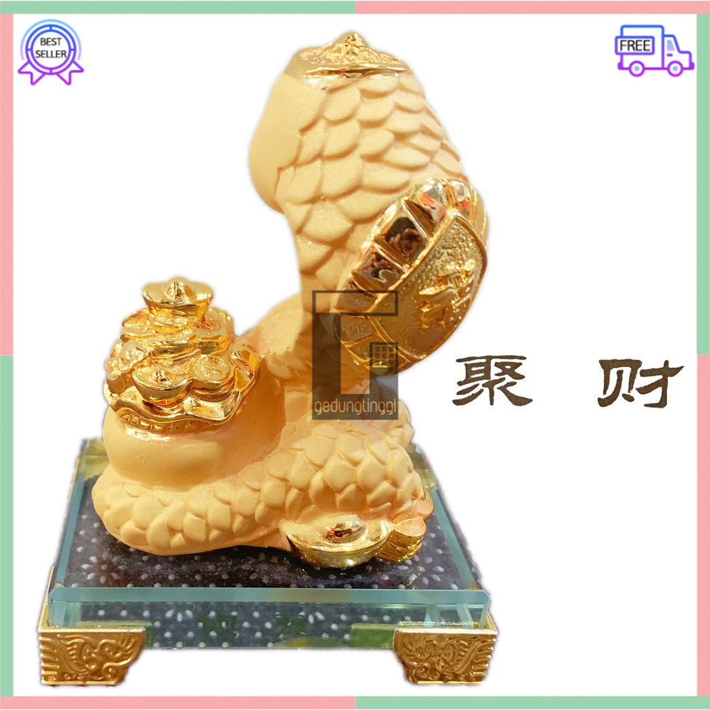 Pajangan Hiasan Kado Patung Imlek Hoki Rejeki Zodiak Shio Ular Cobra Lucky Fengshui Emas Gold Resin