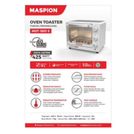 Maspion Oven Toaster 18 Liter MOT 1801 S Oven Panggang Listrik