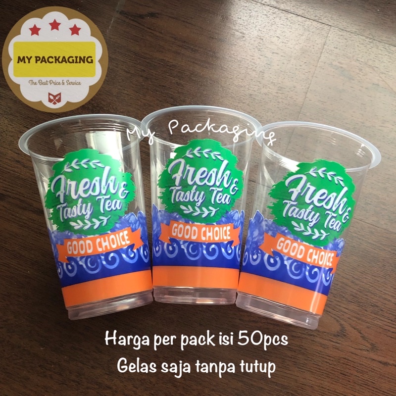 Gelas Cup Plastik 16oz - (50pcs) Juice/kopi/teh/boba/ice 16 oz TANPA TUTUP | logo cetak printing motif