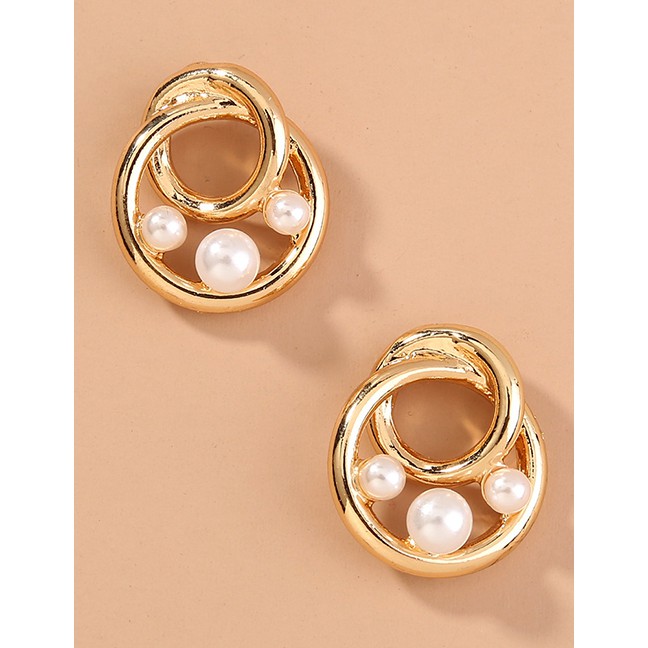 LRC Anting Tusuk Fashion Gold Color Geometric Round Pearl Earrings K78406