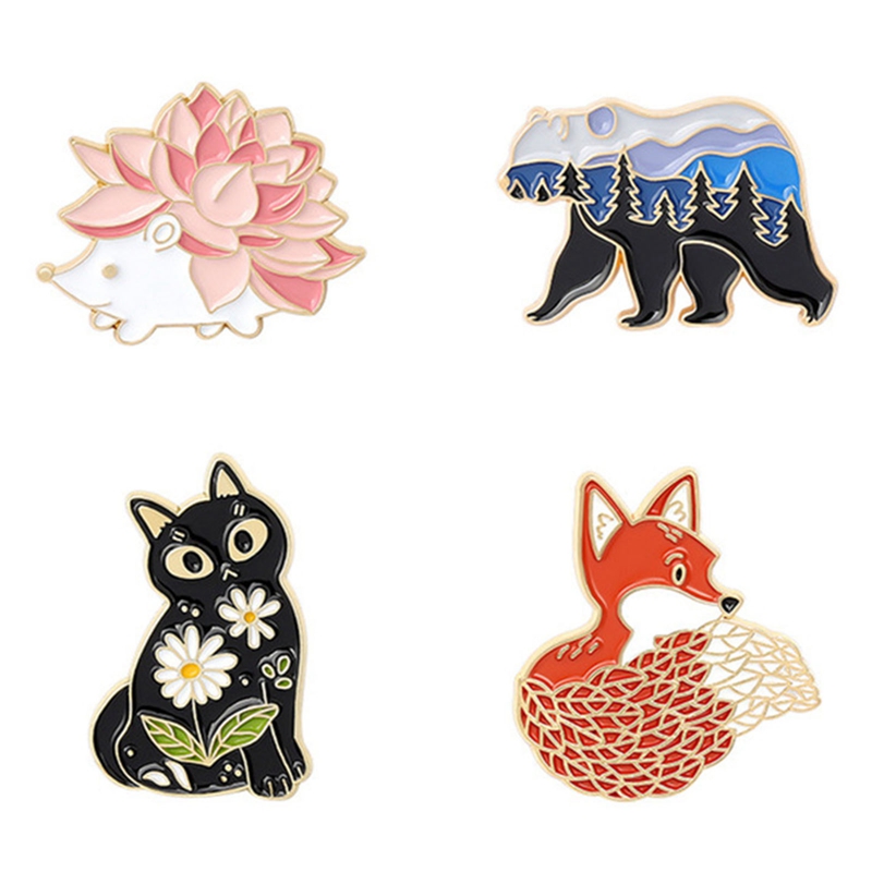 Bros Pin Enamel Desain Kartun Hewan Hutan Rubah Kucing Beruang Landak Untuk Hadiah Anak