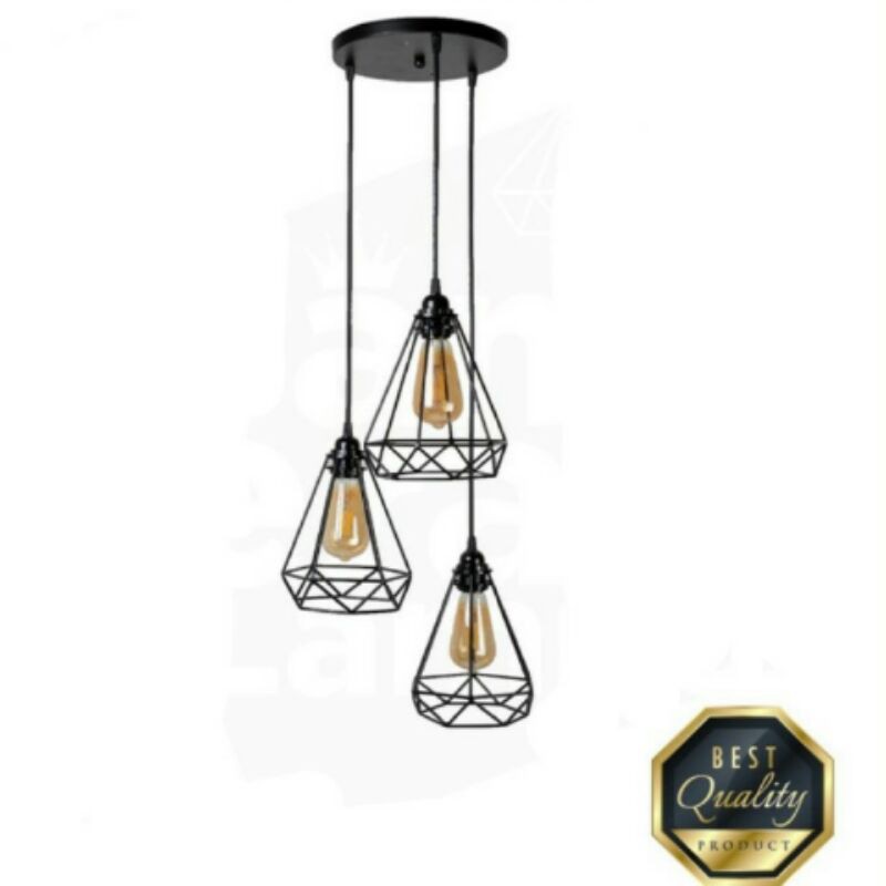 Kap Lampu Gantung Set 3 Lampu Hias Diamond + Lampu/Kap Bulat/Kap Memanjang