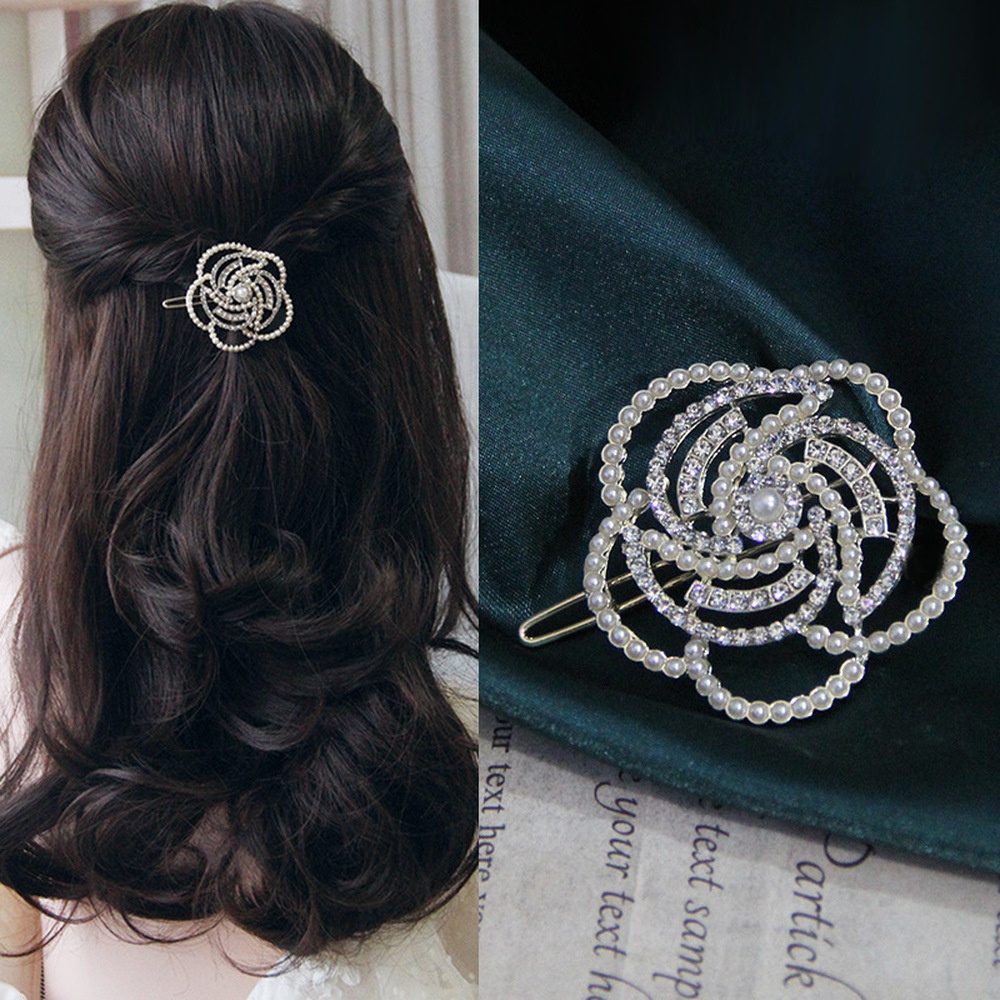 Camellia Klip Jepit Rambut Poni Depan Wanita Hias Mutiara Berlian Imitasi
