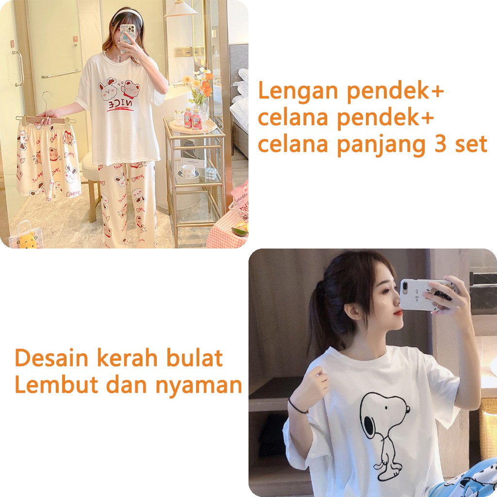 Baru set Baju Tidur Wanita Dewasa Oversize Piyama Bahan Kaos Celana Panjang & Pendek Setelan Baju Tidur 3IN1 Setelan Piyama-3