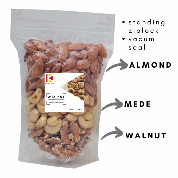 

4eh Mix Nut 250Gr Roasted Original Kacang Almond Mede Walnut Panggang - Almonmedewalnut