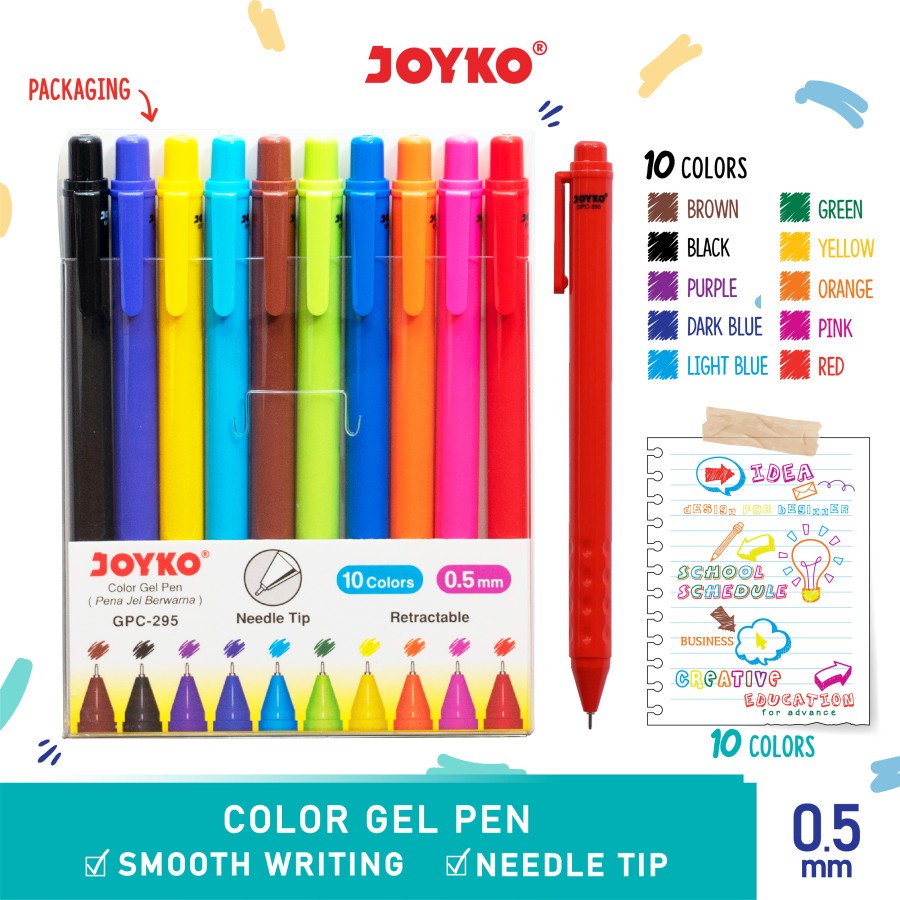 Gell Pen Colour Joyko GPC-295 Pulpen 10 Warna Tip 0.5 mm Pena Warna - SHSNP