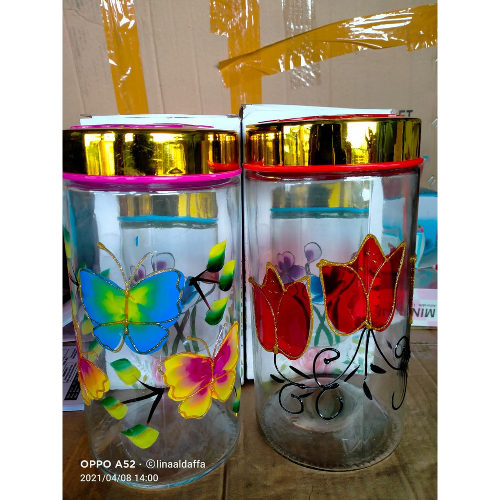 TOPLES KACA MOTIF BUNGA KUPU KUPU TOPLES BUNGA KACA / GLASS JAR / TOPLES LEBARAN