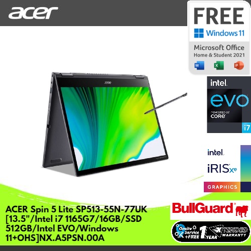 ACER SPIN 5 LITE SP513-55N-77UK [13.5"/INTEL I7 1165G7/16GB/SSD 512GB/INTEL EVO/WINDOWS 11+OHS]NX.A5