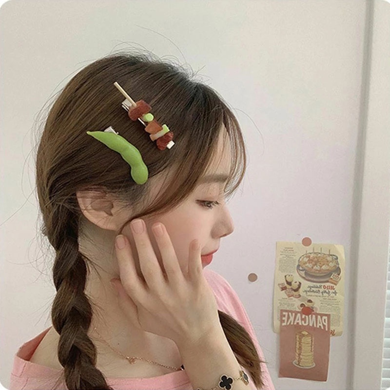 Mini Creative Simulation BBQ Food Side Hair Clip/ Plastic Fake Vegetables Meat Skewers Bangs Clip