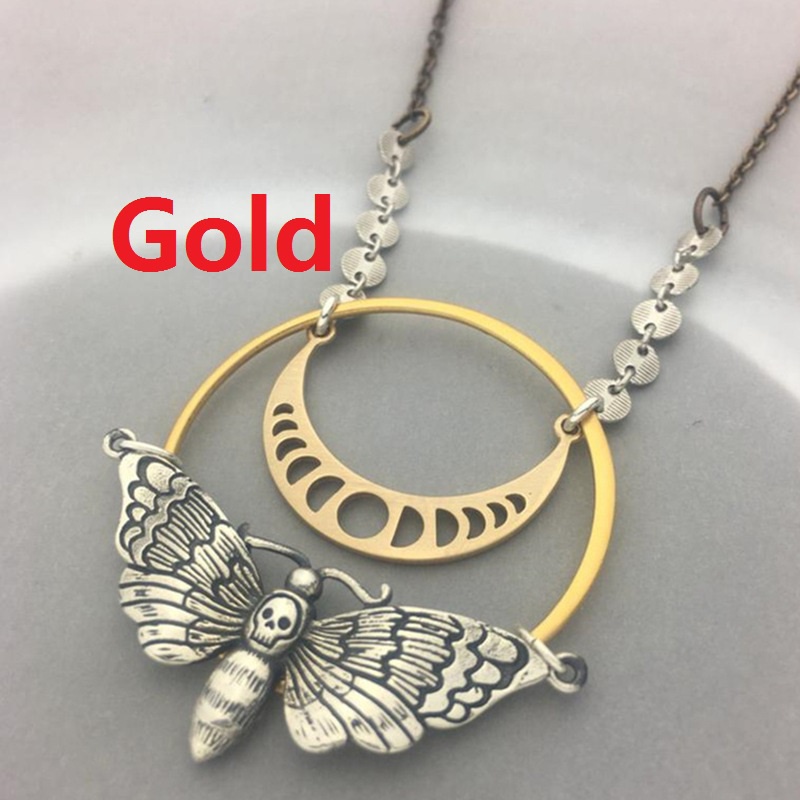 Kalung Hias Liontin Bulan Kerangka Moth Bahan Alloy Gaya Retro Untuk Wanita