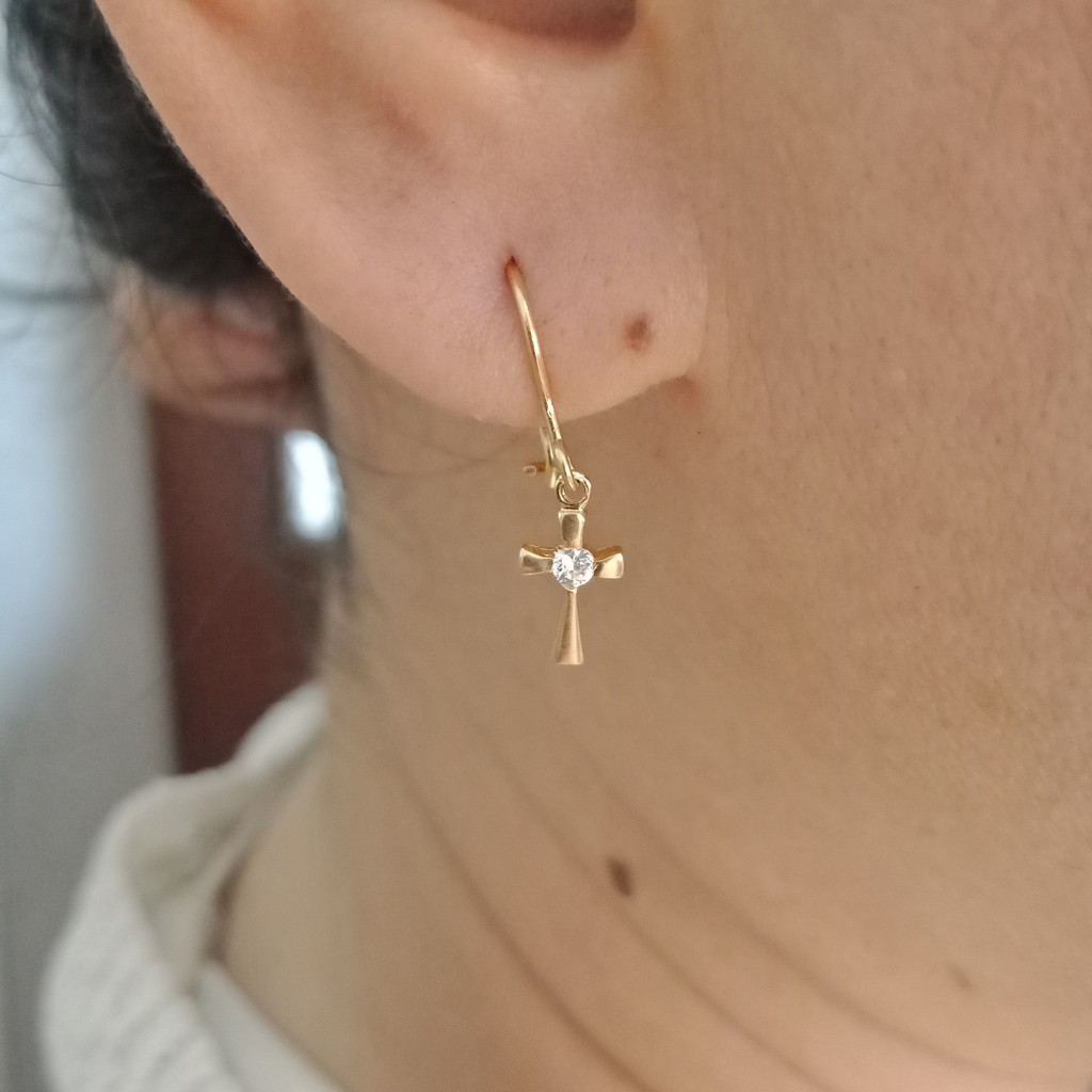 Anting salib permata putih anak dan dewasa emas asli kadar 70% 700 16k 22 gold gantung