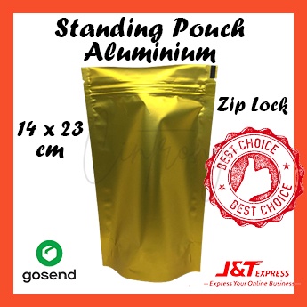 

Packaging Standing Pouch Gold Alumunium Zip 14x23 cm Kemasan isi 50pcs