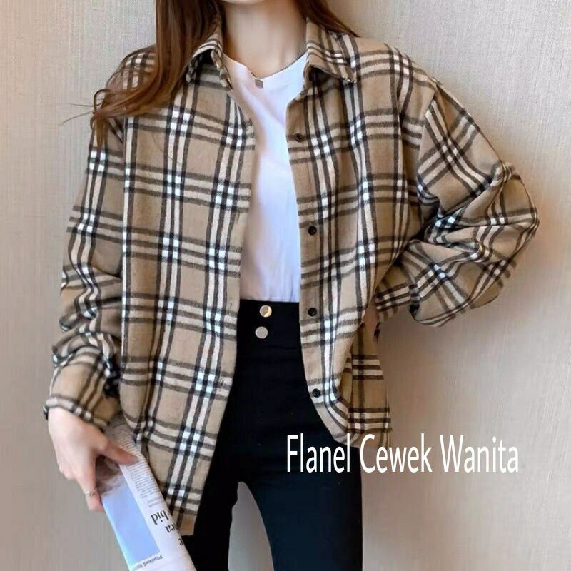 Flanel wanita panjang kemeja flannel atasan wanita flanel kotak kotak wanita