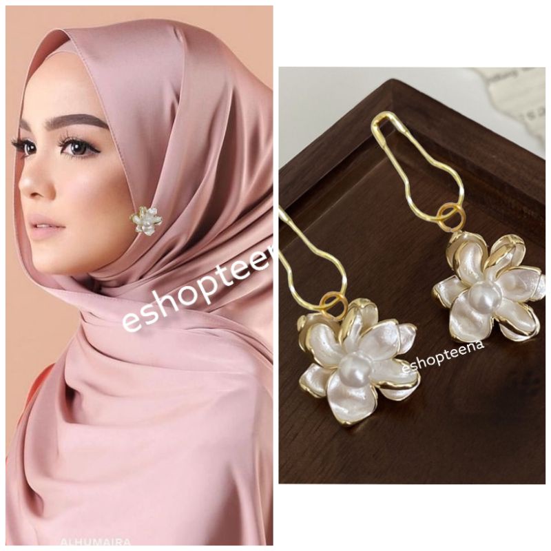 A39 anting hijab bunga new pearl putih gold_anting jilbab