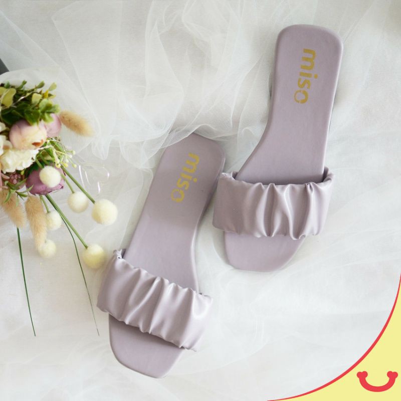 Sandal Flat wanita ungu pastel lilac lavender tali kerut