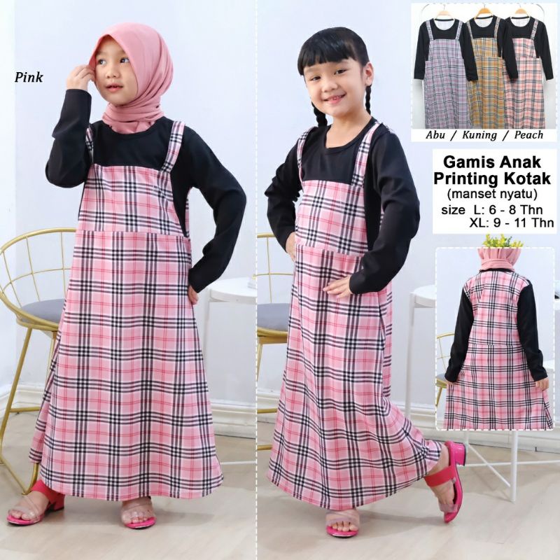 Gamis Anak Fasheon/ Gamis Anak Overal Printing Kotak (6-12 Tahun) Gamis Anak Cantik Terbaru