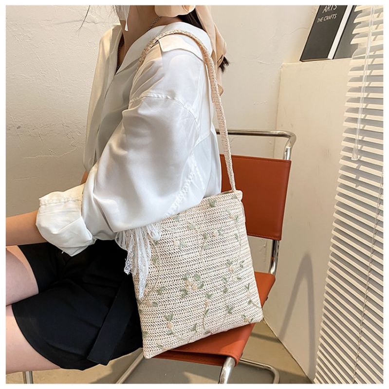 DBCOL Tas Totebag Wanita Bahan Anyam Jerami Motif Lace/Totebag Fashion Model Korea Motif Lace Import