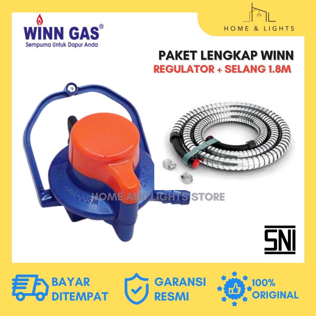 WINN Regulator Gas W900M Triple Lock - Regulator Gas dengan Triple Lock Pengunci Ganda &amp; Karet Seal Pengaman, Hemat Gas, Mudah Dipasang, Lulus SNI, Pilihan Paket Regulator + Selang