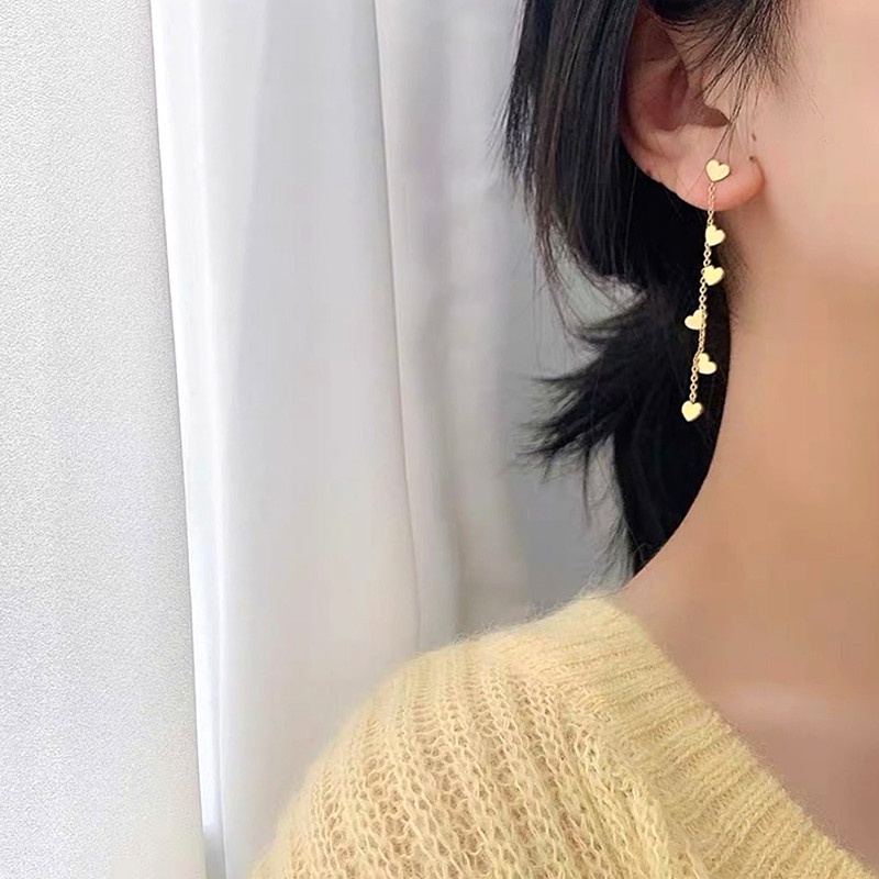 Anting Titanium hati Korea Panjang Lapis Emas 18K Aksesoris Wanita earrings Rumbai Perhiasan