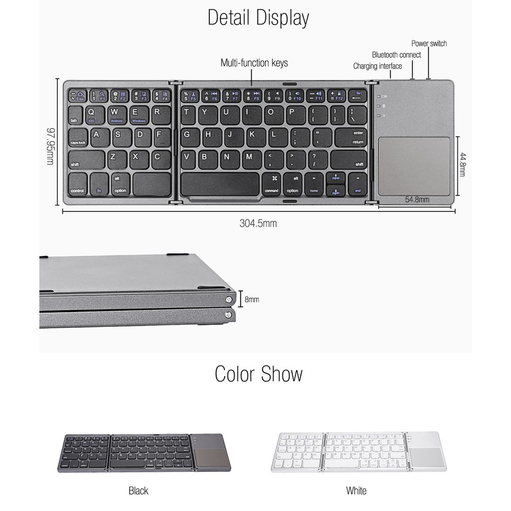 B033 - Three Layers Generic Mini Bluetooth Foldable Keyboard with Touchpad