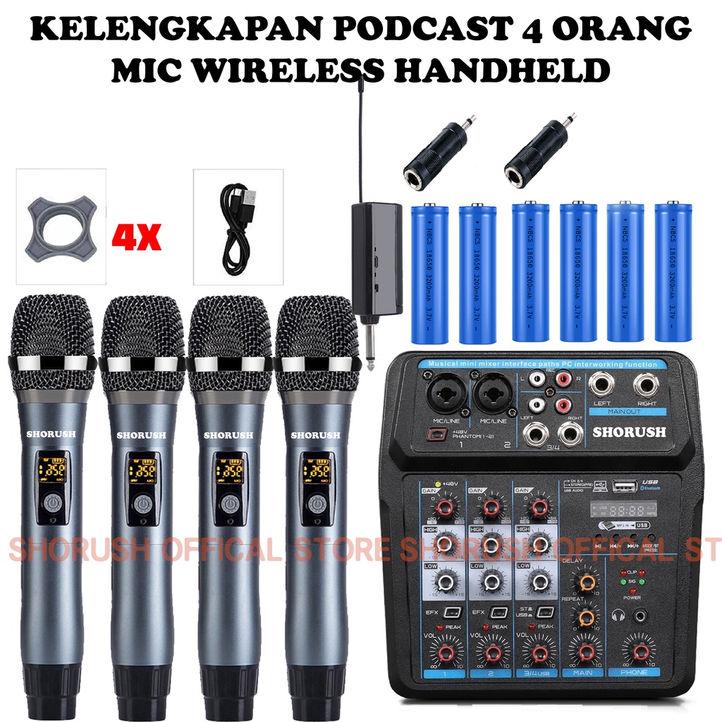 PAKET PODCAST 4 ORANG SHORUSH Mic Microphone Wireless Handheld Vlog Pro Live Streaming HP Kamera Laptop Broadcasting