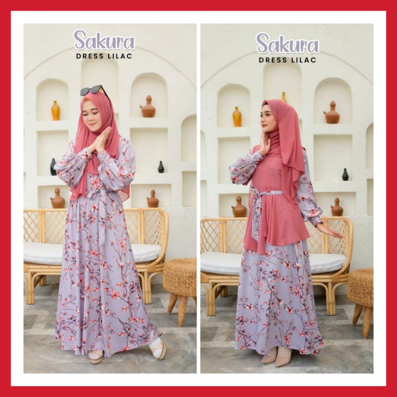 Dress Sakura Motif Bunga Warna Lilac Size XL Set Outer Dan Pashmina Original By Adzkia Hijab Syari