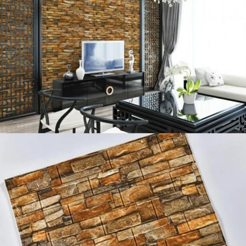 wallpaper foam 3D premium permukaan timbul motif batu alam coklat
