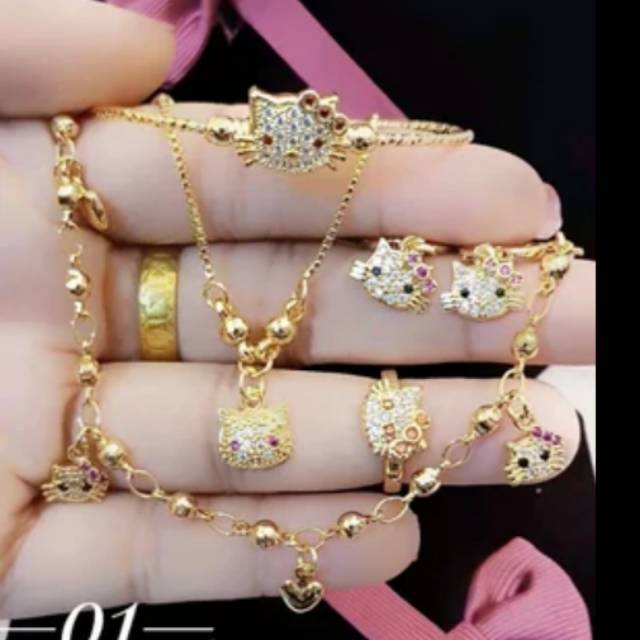 TERMURAH Set Perhiasan Xuping ANAK Lapis Emas Lengkap 5 in 1 Gelang Kaki Hello Kitty XT0005 Titanium