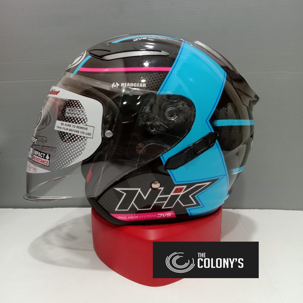 HELM NHK R1 MOTIF NAPOLEON BLACK LIGHT BLUE GLOSSY DOUBLE VISOR HALF FACE