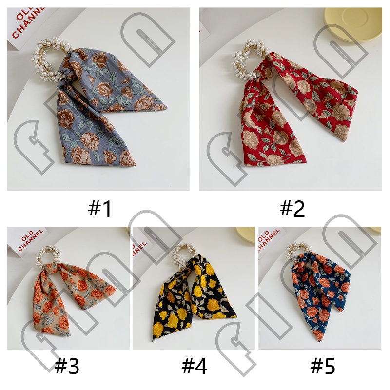 Ikat Rambut Mutiara Casual Motif Bunga / Scrunchie Rambut Wanita Kain Motif Bunga