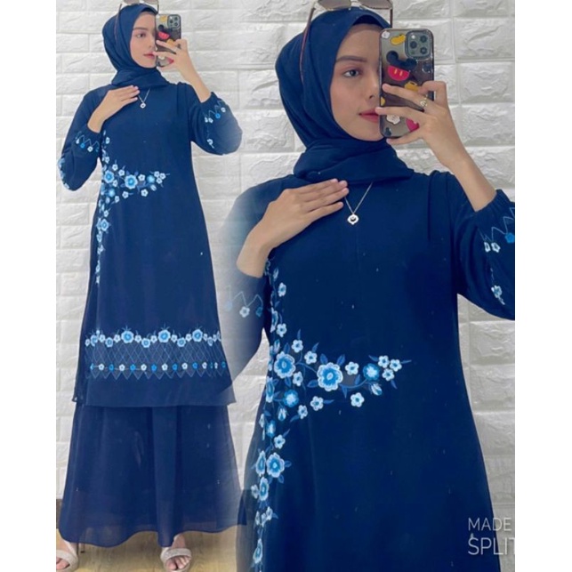 Baru Gamis Melayu Bordir Ukuran Mewah Elegan Dress Berukuran Besar Ceruty Premium Motif Bunga Rangka