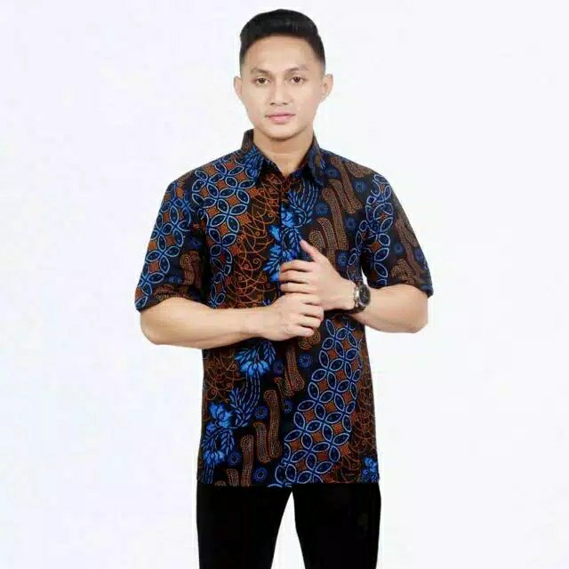 Kemeja Batik Pria Modern Sogan Eksklusif Original Padi Pari Seno Biru Manda Kawung Kenongo Terlaris