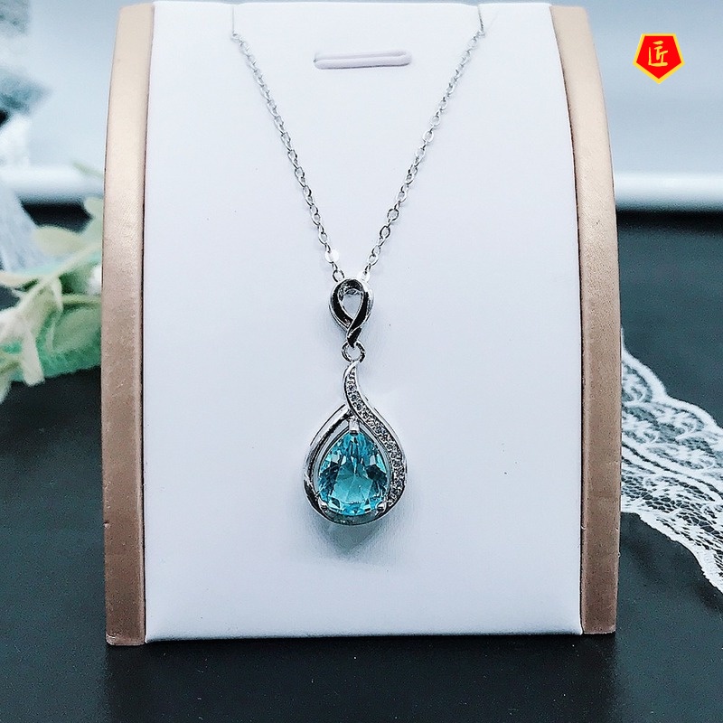 [Ready Stock]Mermaid Tears Pendant S925 Silver Topaz Blue Necklace Women's Simple Elegant