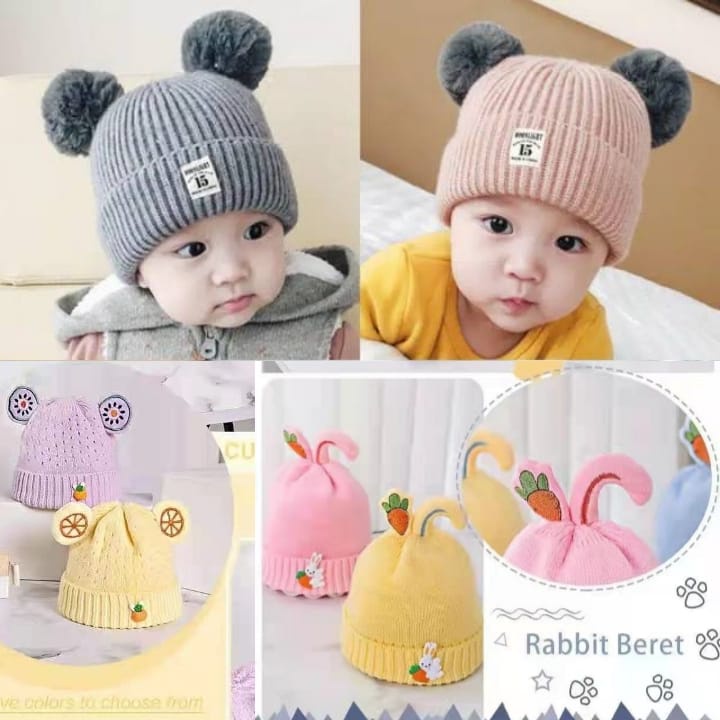 Topi Rajut Kupluk Bayi Polos Model Pompom Laki Laki Perempuan Motif Bordir Bear Usia 0 - 2 Tahun