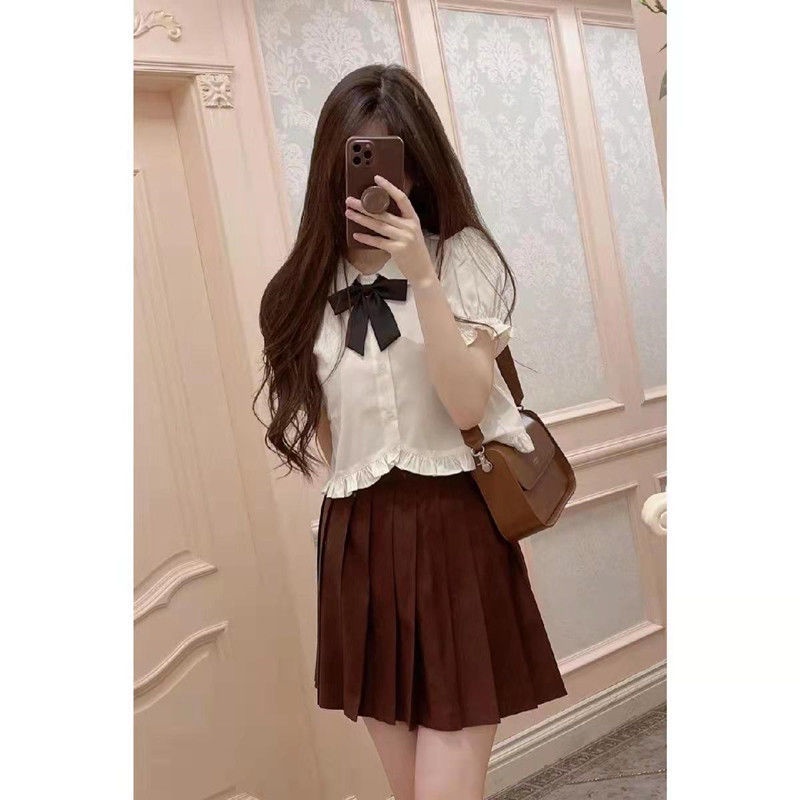 Red Summer College Wind Bubble Sleeve Putih Lengan Pendek Wanita Jepang Manis Dasar JK Shirt Mahasiswa Top