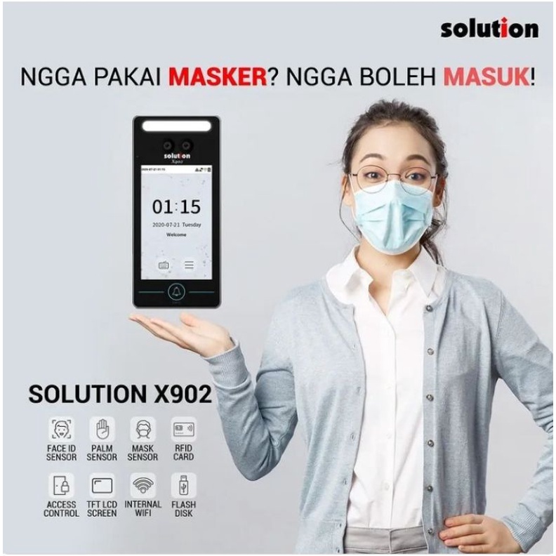 solution x902 mesin absensi wajah touchless telapak tangan bisa absen/buka pintu pakai masker solution x902