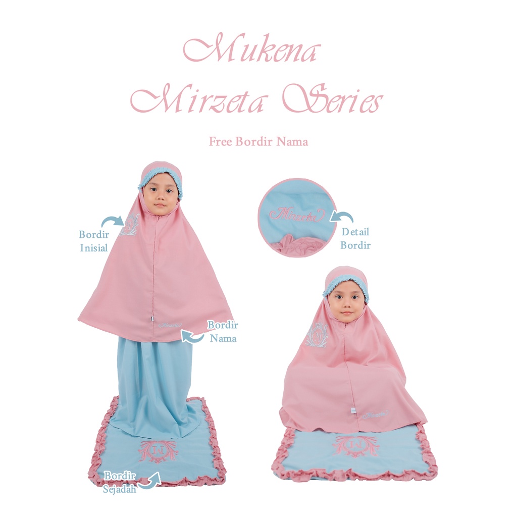 MUKENA SAJADAH SET CUSTOM BORDIR NAMA ANAK DEWASA MIRZETA / MUKENA LEBARAN