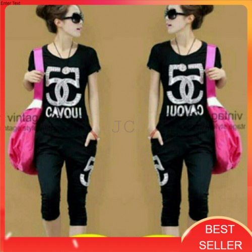 One Set Setelan Baju Kaos Dan Celana Olahraga Senam Lengan Pendek Wanita Cewek Korea Murah Terbaru K