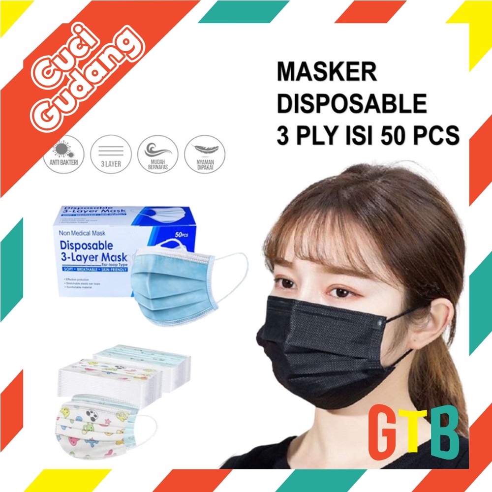 ❤GTB❤ Masker 3 ply 50 pcs Earloop &amp; Headloop Masker Hitam Dewasa / Masker Anak Motif  Karaker R458